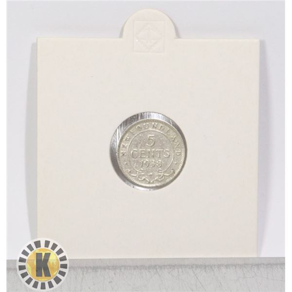 1938 NEWFOUNDLAND SILVER 5 CENT FIRST ISSUE