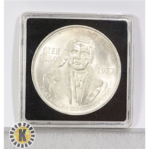 1977 MEXICO LARGE SILVER  100 PESO. LOW 7 VARIETY