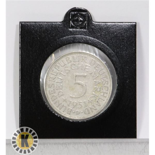 1951D GERMAN SILVER 5 MARK COIN, 1ST YEAR OF ISSUE