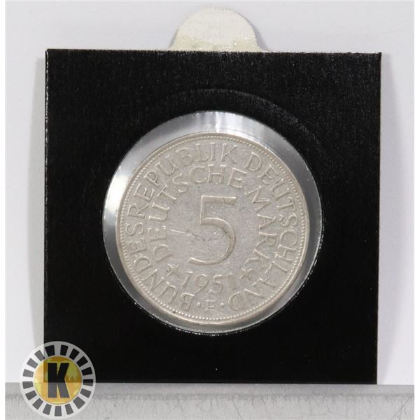 1951F GERMAN SILVER 5 MARK COIN, 1ST YEAR OF ISSUE