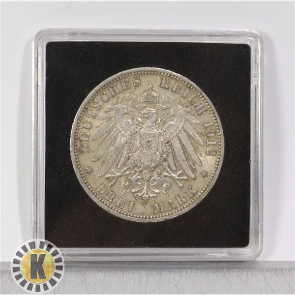 GERMAN PRUSSIA 1912 SILVER 3 MARK COIN
