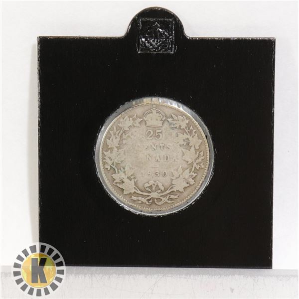 1930 LOWER MINTAGE SILVER CANADIAN 25 CENT