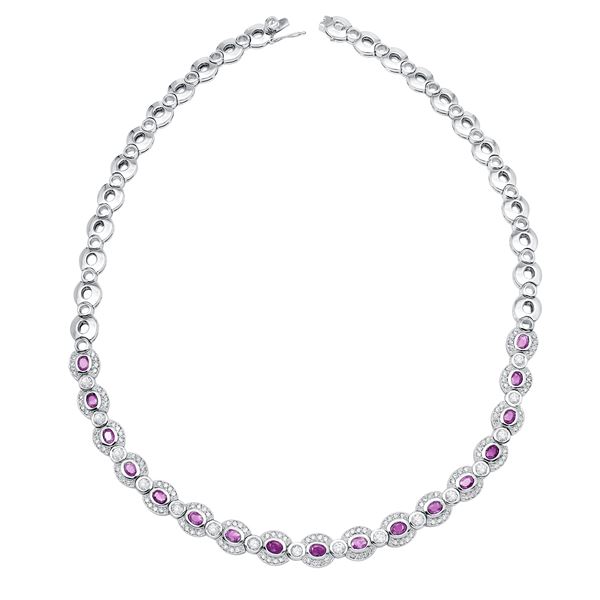 Natural 8.19 CTW Pink Sapphire & Diamond Necklace 14K White Gold - REF-671R4K
