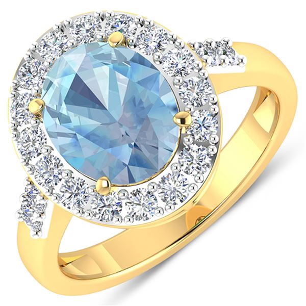 Natural 2.5 CTW Aquamarine & Diamond Ring 14K Yellow Gold - REF-94H5M