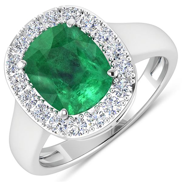 Natural 3.01 CTW Zambian Emerald & Diamond Ring 14K White Gold - REF-147N3R