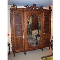 French Carved and Caned Oak Trpile Door Amroire#1777362