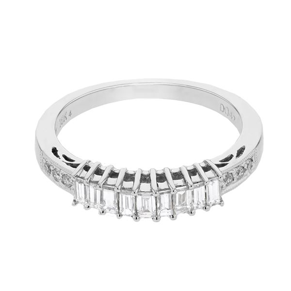 Natural 0.47 CTW Diamond & Baguette Ring 18K White Gold - REF-71K3R