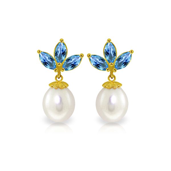 Genuine 9.5 ctw Blue Topaz & Pearl Earrings 14KT Yellow Gold - REF-31T2A