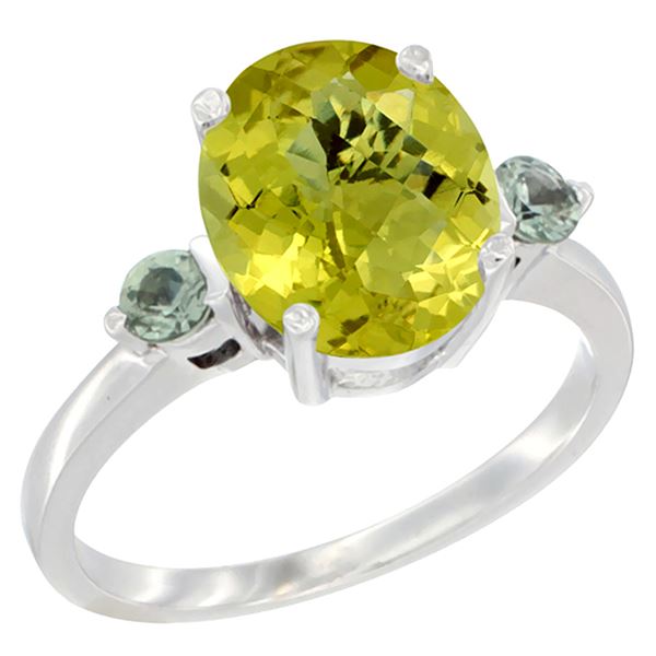 2.64 CTW Lemon Quartz & Green Sapphire Ring 10K White Gold - REF-23N7Y