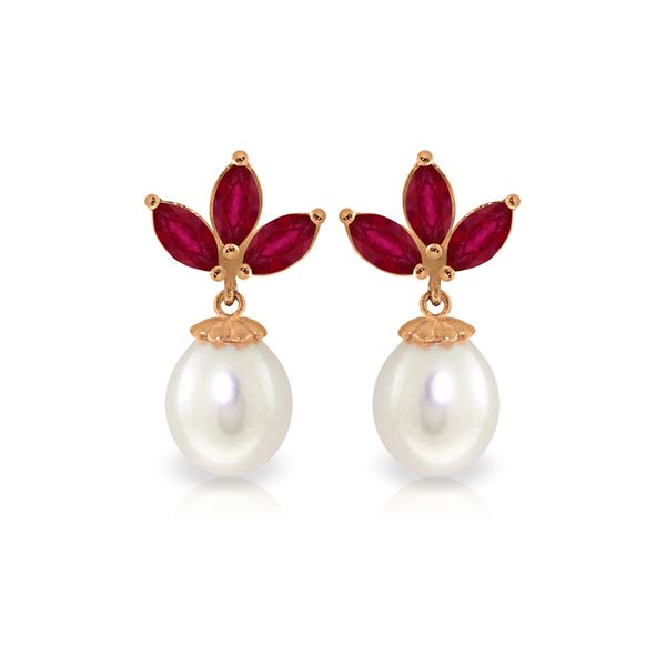 Genuine 9.5 ctw Ruby & Pearl Earrings 14KT Rose Gold - REF-35F2Z