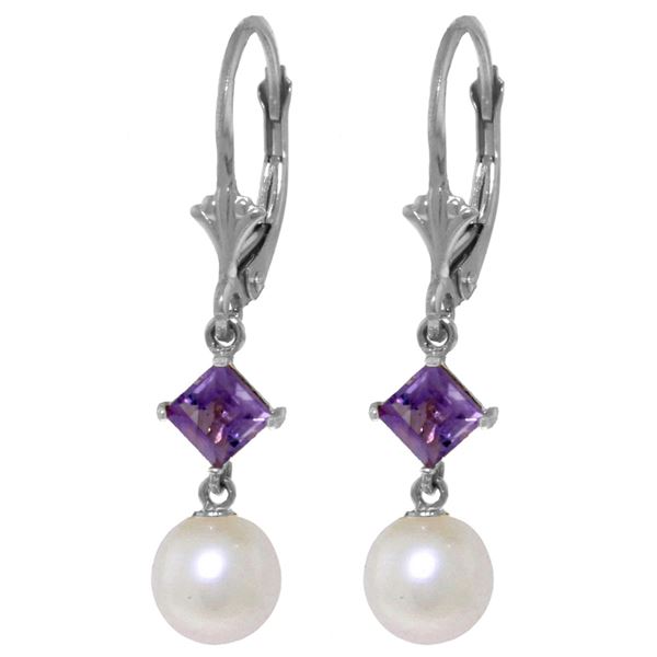 Genuine 5 ctw Pearl & Amethyst Earrings 14KT White Gold - REF-29M7T