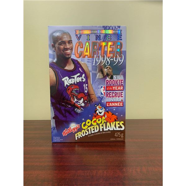 Signed Vince Carter Rookie of the Year Cocoa Frosted Flakes.
