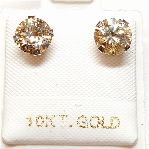 10K White Gold Moissanite(1.5ct) Hand Assembled Studs, 2 Basket Set Light Greenish Yellow Moissanite