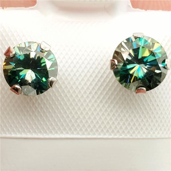 10K White Gold Moissanite(1.5ct) Hand Assembled Studs, 2 Basket Set Vivid Greenish Blue Moissanite E
