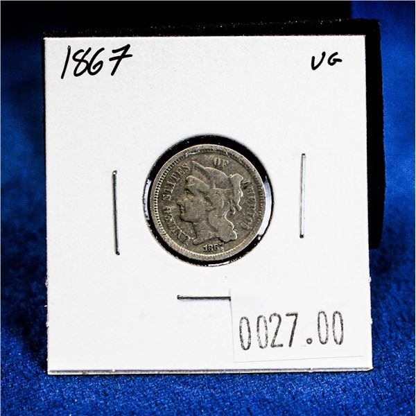1867 USA COPPER-NICKEL 3-CENT COIN