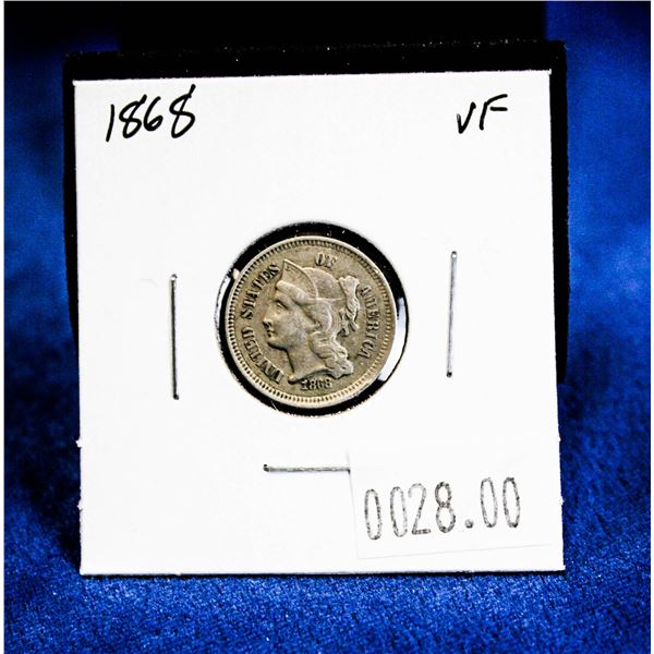 1868 USA COPPER-NICKEL 3-CENT COIN