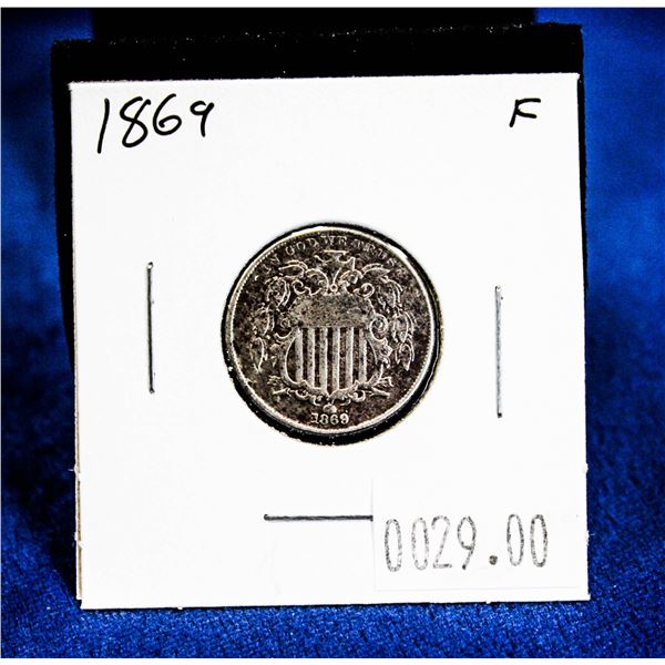 1869 USA "SHIELD NICKEL" 5 CENT WITHOUT RAYS.
