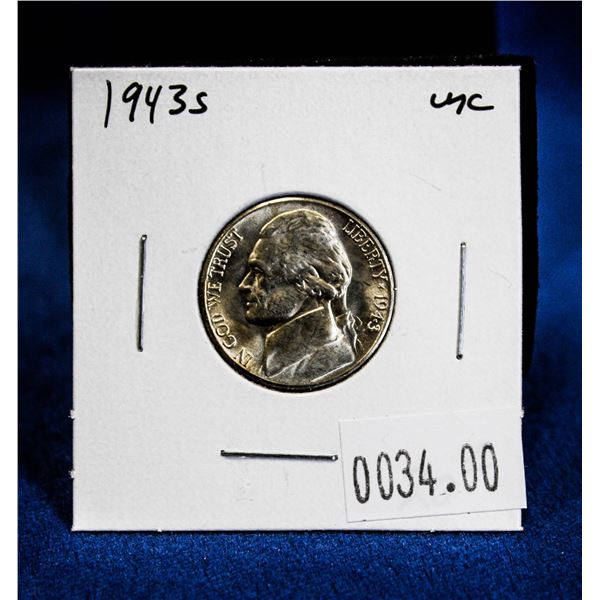 1943S, USA WW2 SILVER WAR ISSUE 5 CENT. UNCIRCULAT