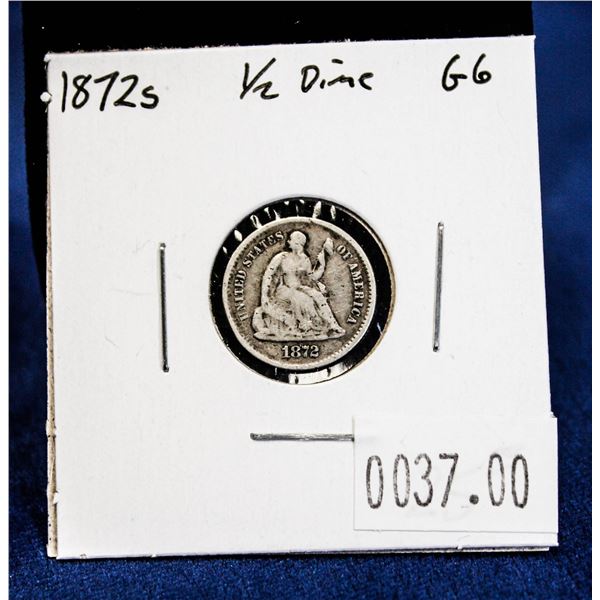 1872S USA SILVER HALF DIME. 800K MINTAGE!