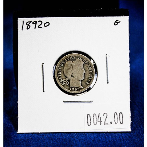1892O USA BARBER HEAD SILVER DIME FIRST YEAR OF IS