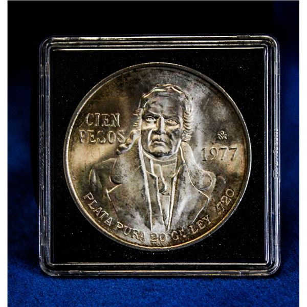 1977 MEXICO LARGE SILVER  100 PESO. LOW 7 VARIETY