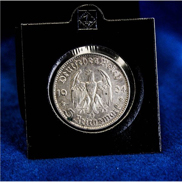 1934F EARLY NAZI GERMAN SILVER 5 MARK COIN
