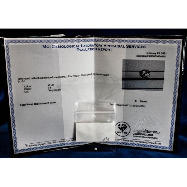 CERTIFIED .10 CARAT DIAMOND FROM GEM LAB