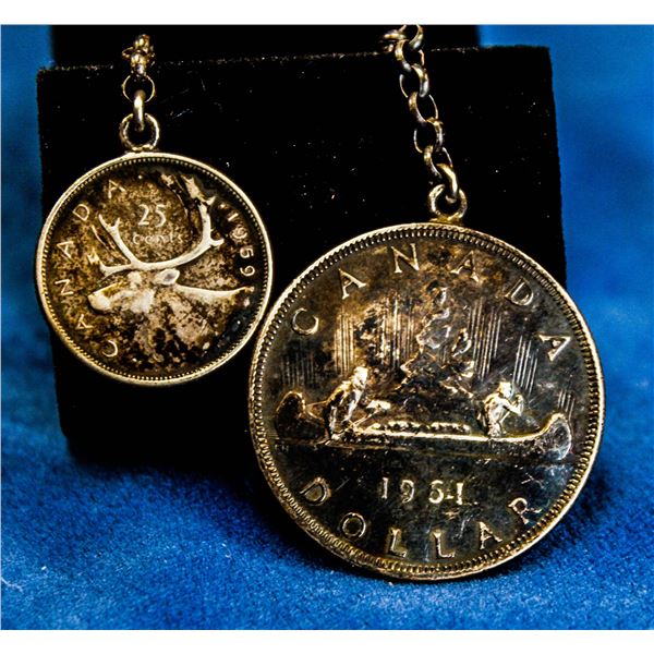 VINTAGE 1961 SILVER DOLLAR WATCH FOB W/25 CENT