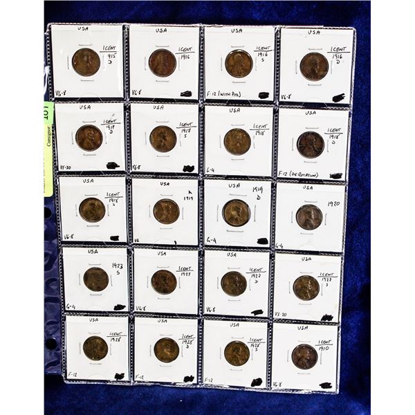 LOT OF 20 EARLY USA LINCOLN WHEAT CENTS IN PAGE