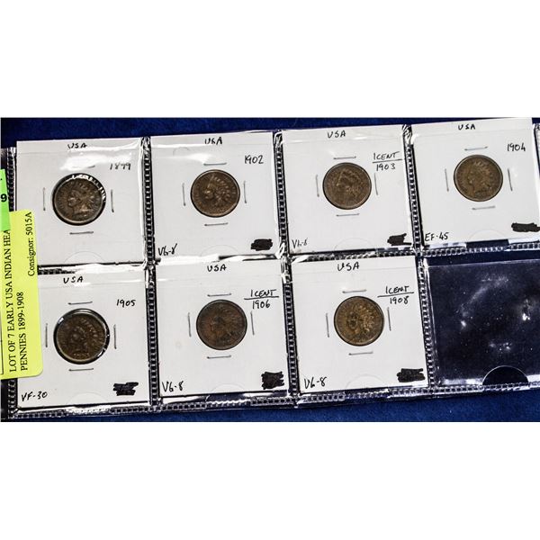 LOT OF 7 EARLY USA INDIAN HEAD PENNIES 1899-1908