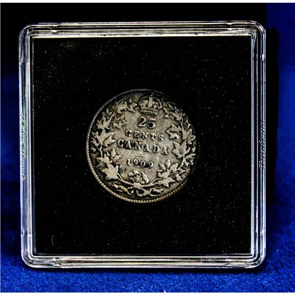 VG+ CONDITION 1909 CANADA SILVER 25 CENT
