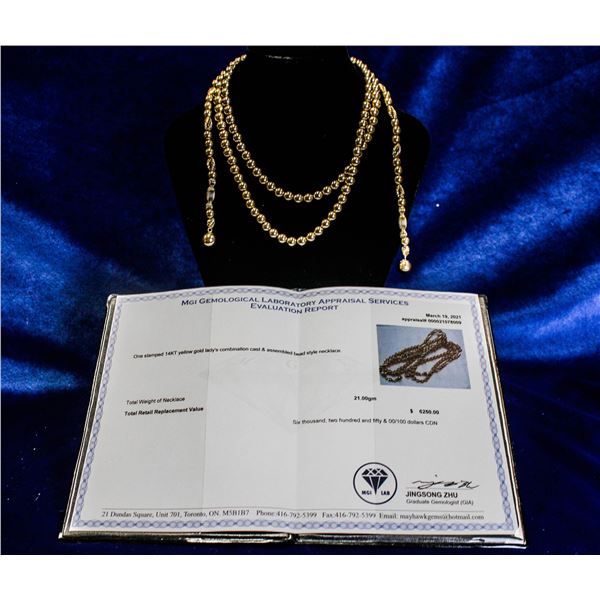 21G 14K GOLD LADY'S BEAD NECKLACE $6250.00