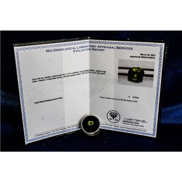 2.09 CARAT OVAL CUT PERIDOT GRADED $310.00