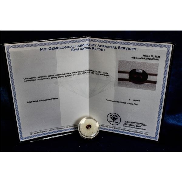 1.44 CARAT ALAMANDITE GARNET GRADED. $400.00