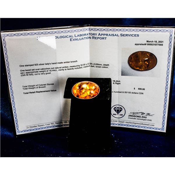 .925 STERLING SILVER AMBER BROOCH $600.00