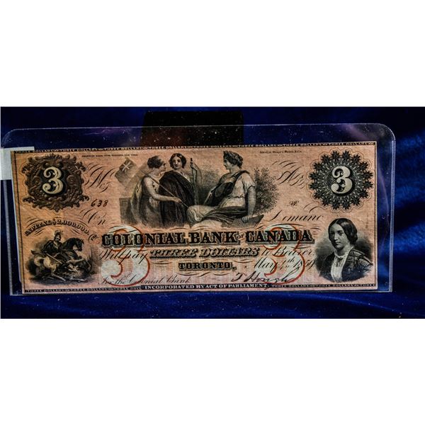 RARE 1859 COLONIAL BANK OF CANADA $3 BILL