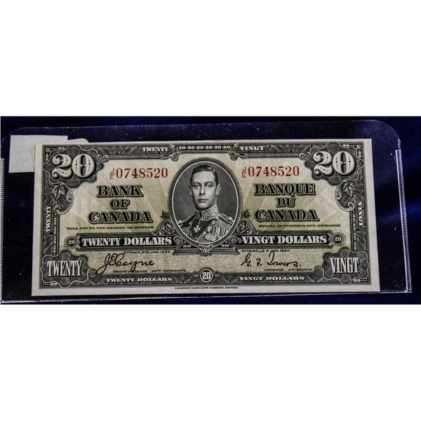 HIGH GRADE AU-UNC 1937 CANADA $20 BANKNOTE