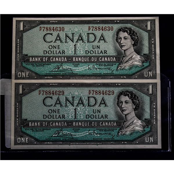 2- SEQUENTIAL 1954 CANADA $1 BANKNOTES