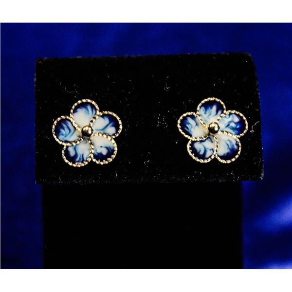 PAIR OF 14K GOLD & ENAMEL FLOWER EARRING SET