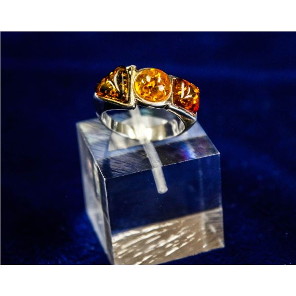 3 STONE AMBER .925 STERLING SILVER RING SIZE 6.5