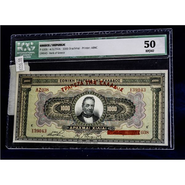 1926 GREECE 1000 DRACHMA NOTE ICG AU50