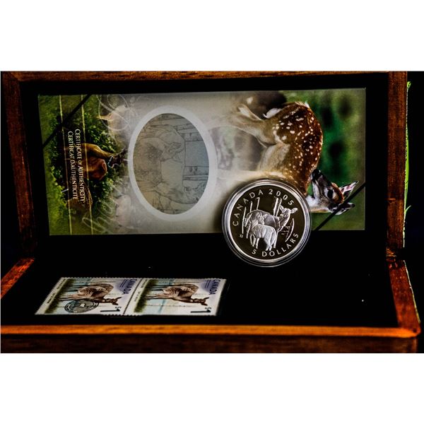 2005 .9999 SILVER $5 DEER & FAWN COIN & STAMP