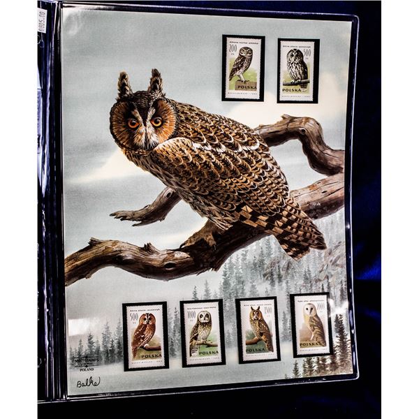 UNFRAMED OWL PRINT WITH MINT POLISH STAMPS