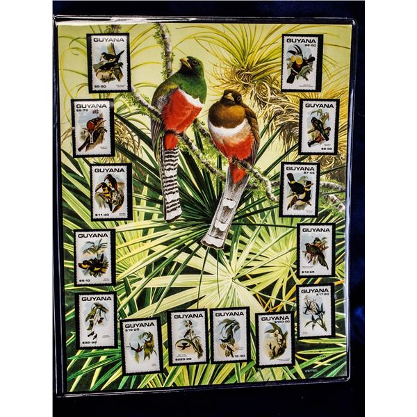 UNFRAMED TROPICAL BIRD PRINT WITH GUYANA STAMPS
