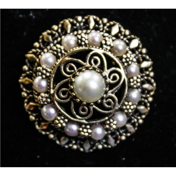 14K GOLD ANTIQUE STYLE PEARL BROOCH 10.5GRAMS