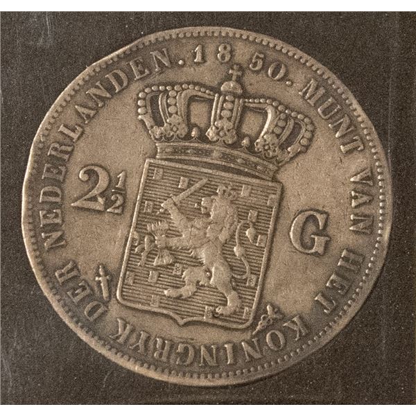 1850 LARGE NETHERLANDS 2.5 GUILDER SILVER COIN