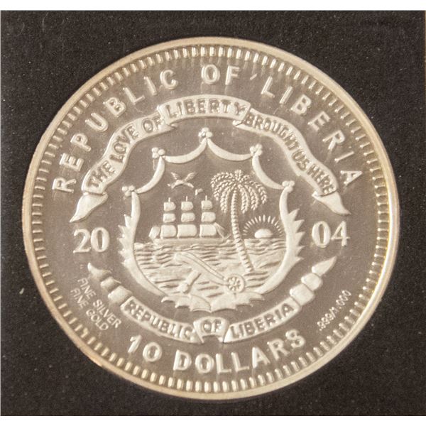 2004 LIBERIA .999 SILVER $10 COIN WITH GOLD ACCENT
