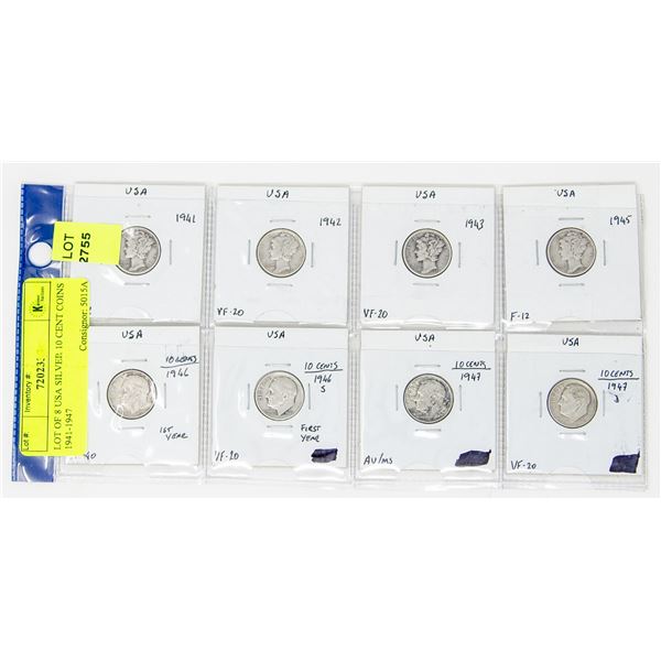 LOT OF 8 USA SILVER 10 CENT COINS 1941-1947