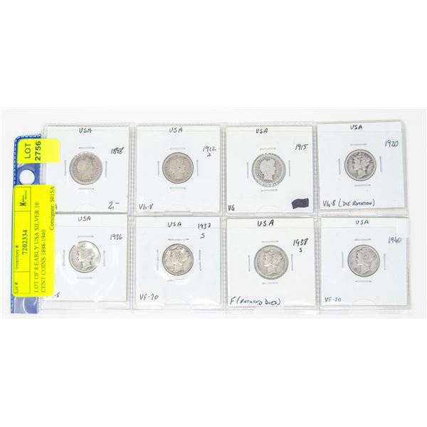 LOT OF 8 EARLY USA SILVER 10 CENT COINS 1898-1940