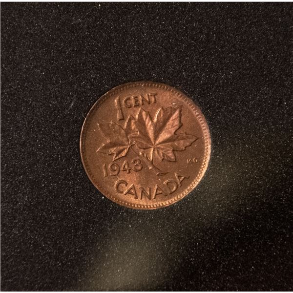 RAINBOW TONED MINTSTATE 1943 CANADA SMALL CENT